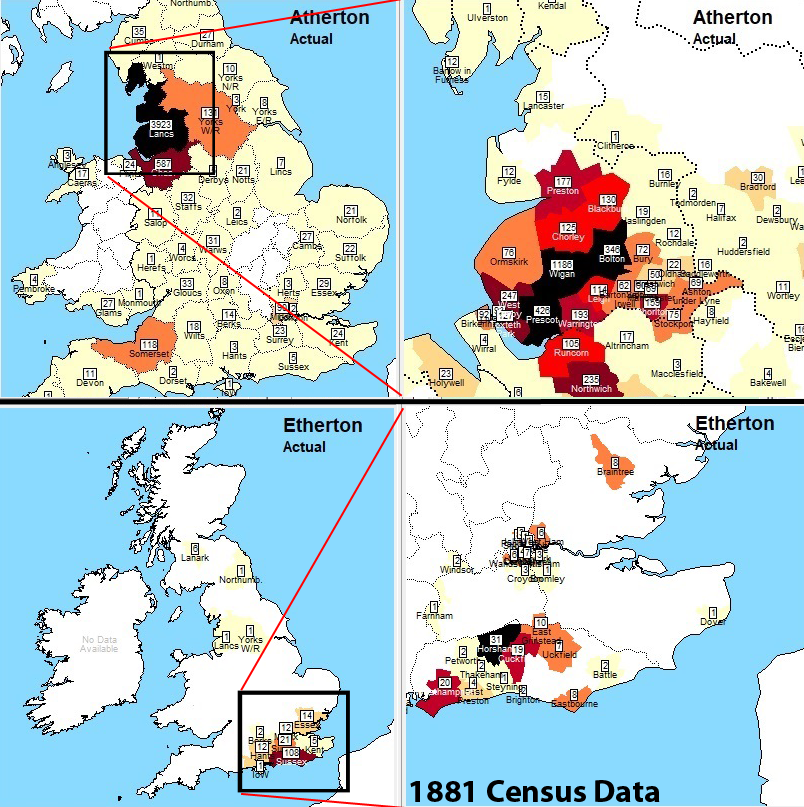 An England map showing the number of people with the last name of Atherton and Etherton in each area