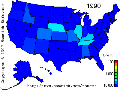 A US map showing the number of people with the last name of Etherton in each state